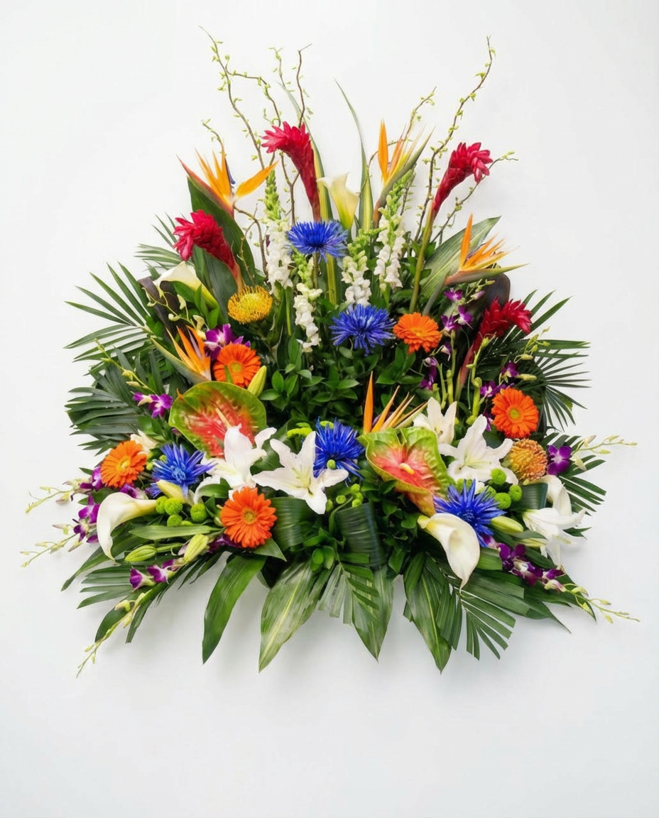 Arrangement d’urne Aura Tropicale – arrangement floral élégant réalisé par un fleuriste professionnel, fleurs fraîches et de qualité, Fleurs2