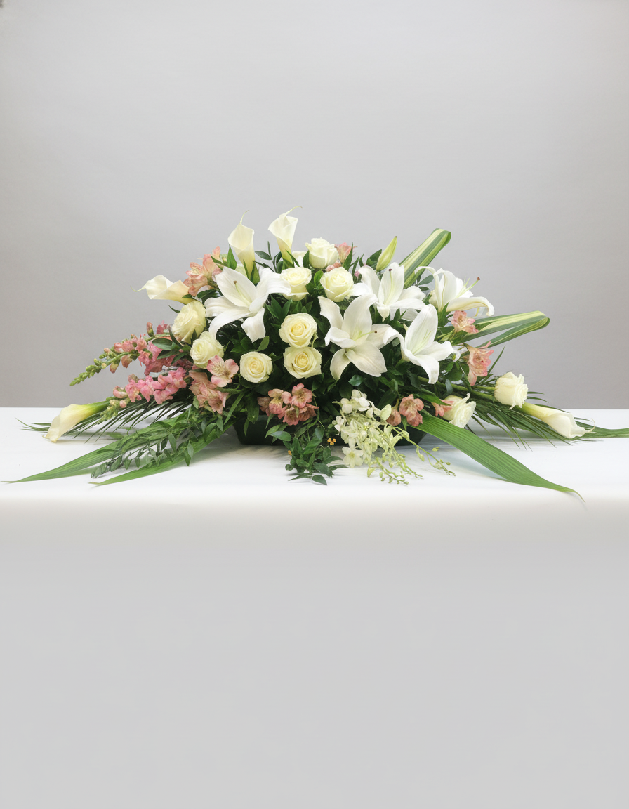 Coussin de cercueil Jardin du Souvenir – arrangement floral élégant réalisé par un fleuriste professionnel, fleurs fraîches et de qualité, Fleurs2